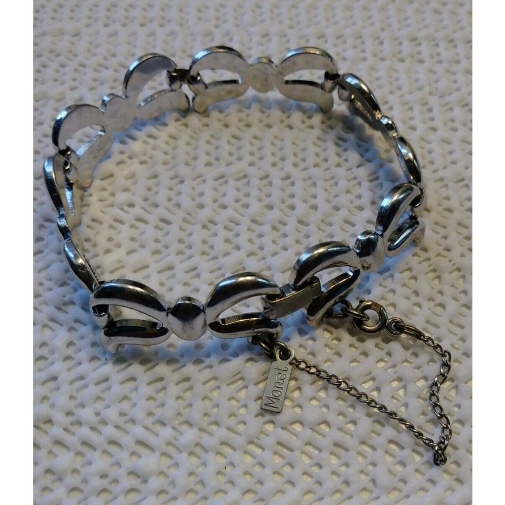 Monet Silver Tone  Bow Ribbon Charm Bracelet 7.5" with Security Chain